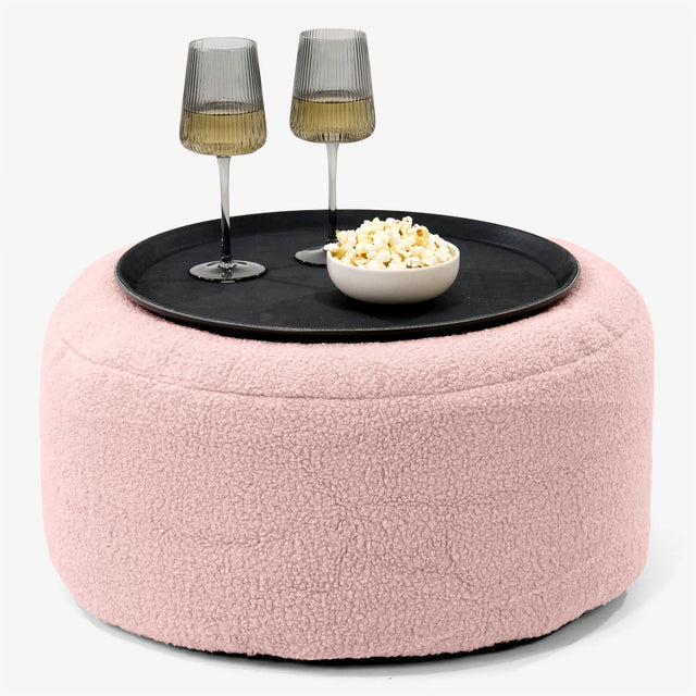 Pouf Ottoman avec Plateau - Bouclé Rose 01