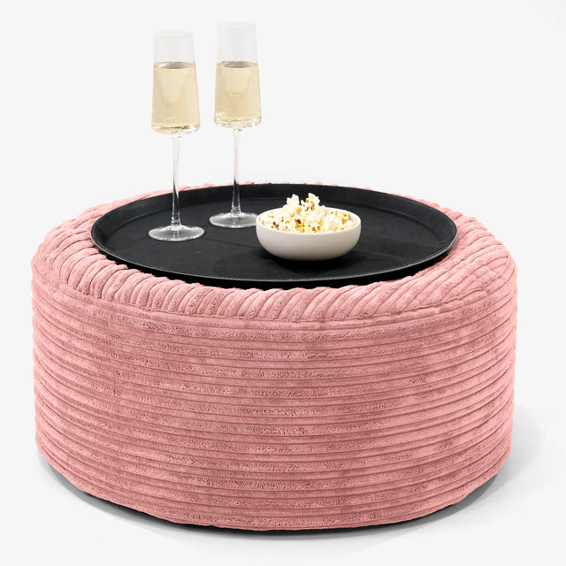 Pouf Ottoman avec Plateau - Côtelé Pêche 01