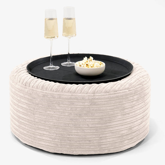 Pouf Ottoman avec Plateau - Côtelé Ivoire 01