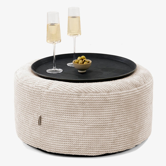 Pouf Ottoman avec Plateau - Pompon Crème 01