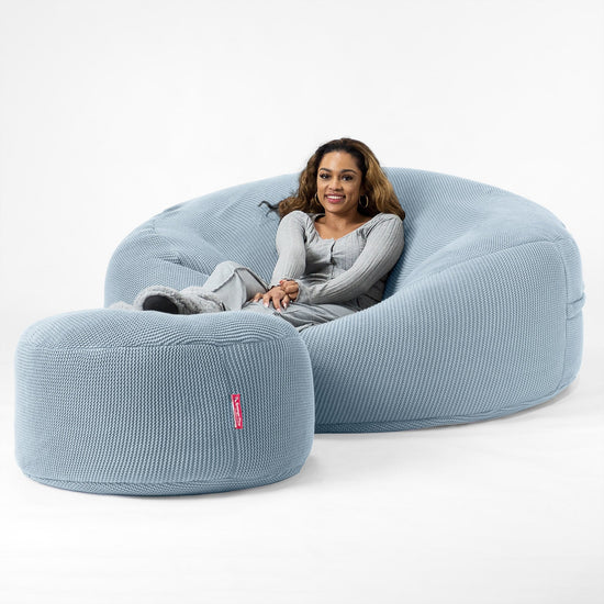 LOUNGE PUG - Ellos Tricoté - Canapé Pouf Géant 'Grande Mammouth' - Pouf Canapé - Gros Pouf - Bleu Brumeux