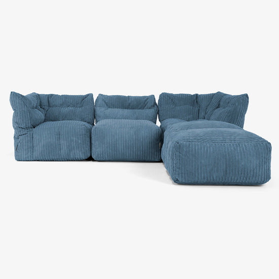 Canapé Modulable 3 Places avec Méridienne et Accoudoirs - Côtelé Bleu Marine 01