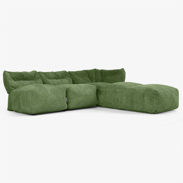 Canapé Modulable 3 Places avec Méridienne, sans Accoudoirs - Côtelé Vert Forêt 01