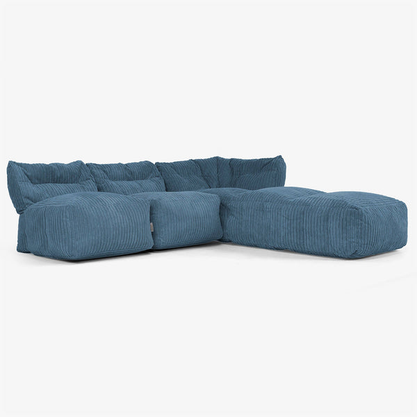 Canapé Modulable 3 Places avec Méridienne, sans Accoudoirs - Côtelé Bleu Marine 01