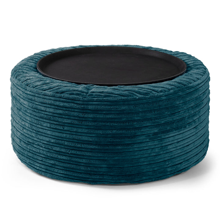 Pouf Ottoman avec Plateau - Côtelé Bleu Canard  02