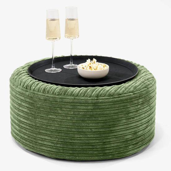 Pouf Ottoman avec Plateau - Côtelé Vert Forêt  01