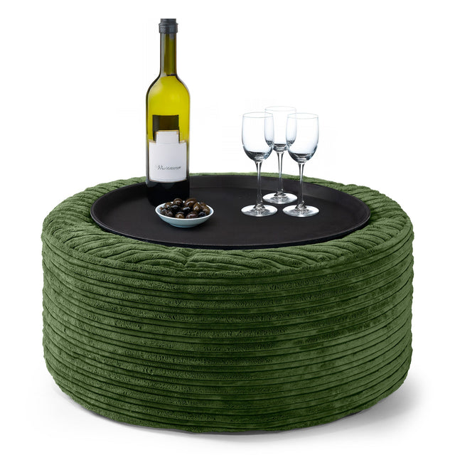 Pouf Ottoman avec Plateau - Côtelé Vert Forêt  01