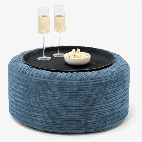 Pouf Ottoman avec Plateau - Côtelé Bleu Marine  01