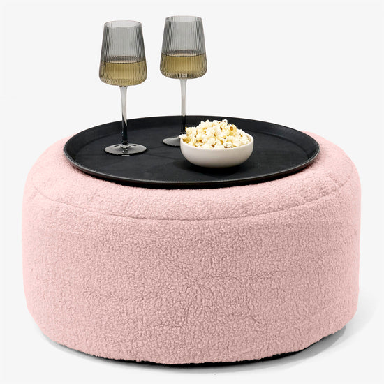 Pouf Ottoman avec Plateau - Bouclé Rose 01
