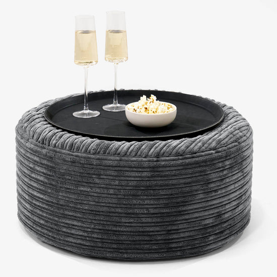 Pouf Ottoman avec Plateau - Côtelé Noir 01