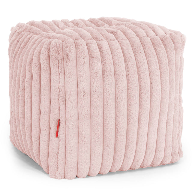 Pouf Repose-pieds Cube - Velours Côtelé Ultra Pelucheux Rose Pastel 01