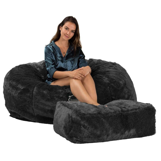 Lounge Pug, CloudSac 1010 XXL, Canapé Pouf Géant XXL à Mémoire de Forme, Gros Pouf Sofa, Fausse Fourrure Noir