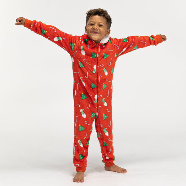 Combinaison Pyjama Polaire pour Enfants, Motif Noël Rouge 01