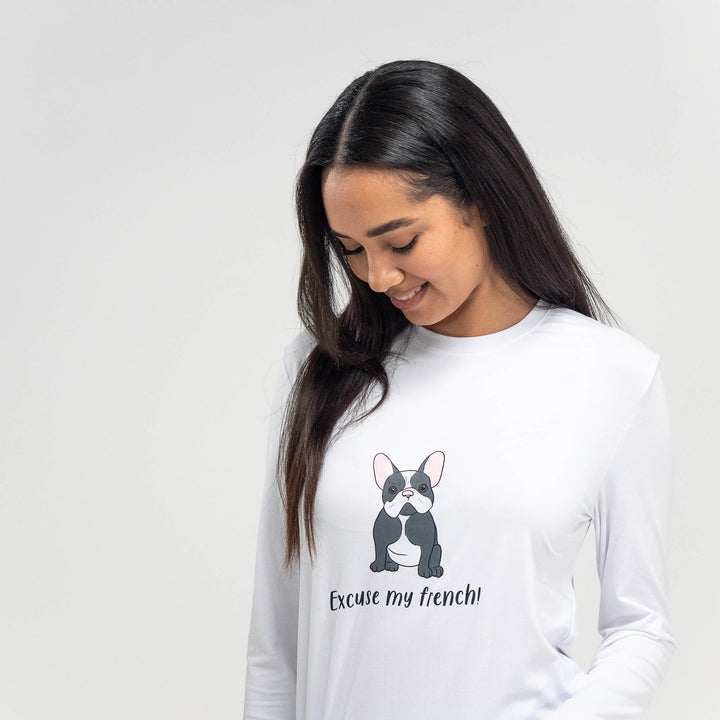 Ensemble Pyjama Bouledogue Francais pour femmes haut a manches longues et pantalon taille S L Bleu Blanc Big Bertha Original CHF