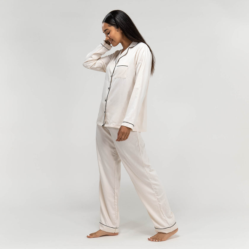 Pantalon de Pyjama en Satin Cr me pour femmes haut manches