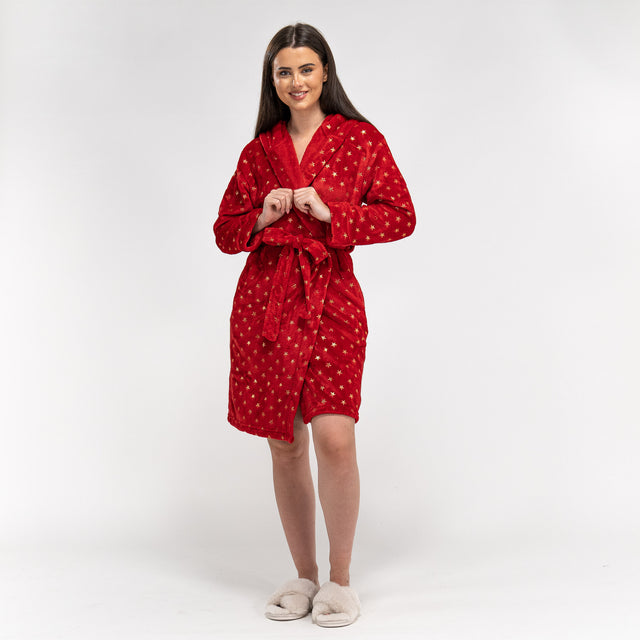 Peignoir en Polaire Imprimé, Étoiles Rouge et Or pour Femmes 01